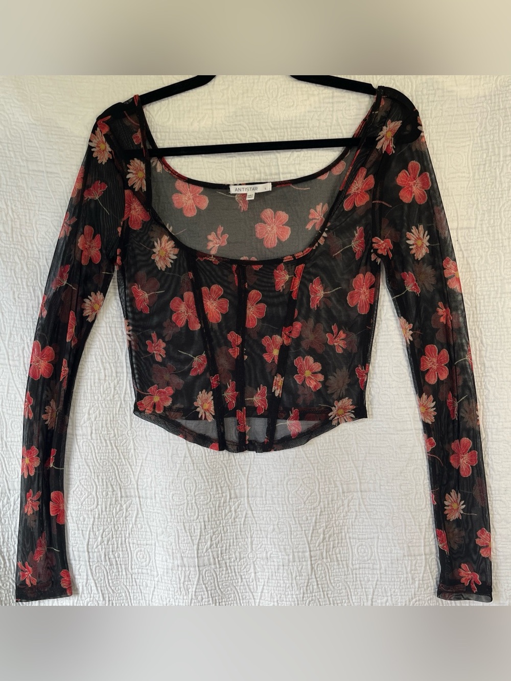 Antistar Large Sheer Corset Style Long Sleeve Floral Cropped Top Tattoo Shirt L